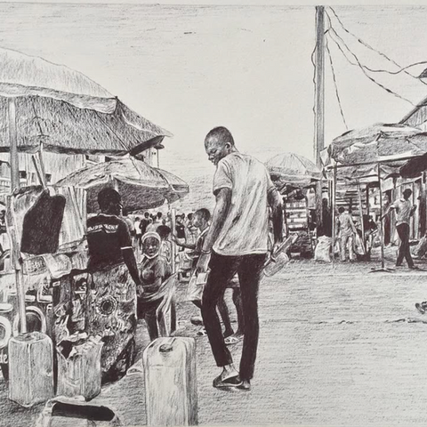 High School Market, an A4 pen drawing by Congolese artist Gerly Mpo, presented by Mbote Congo Gallery in Los Angeles.