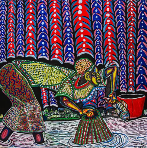 Pêche féminine à la Likouala (Women Fishing in the Likouala), acrylic painting depicting women fishing on a river, by Congolese artist Antoine Sita, presented by Mbote Congo Gallery.