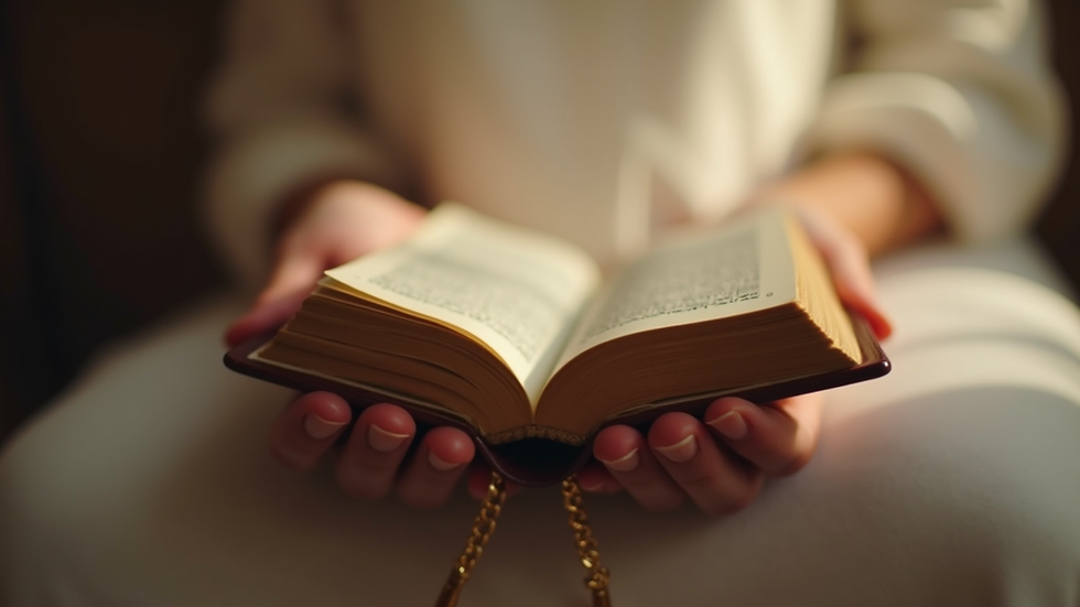 Close-up view of a hand holding a small prayer book with a soft light background