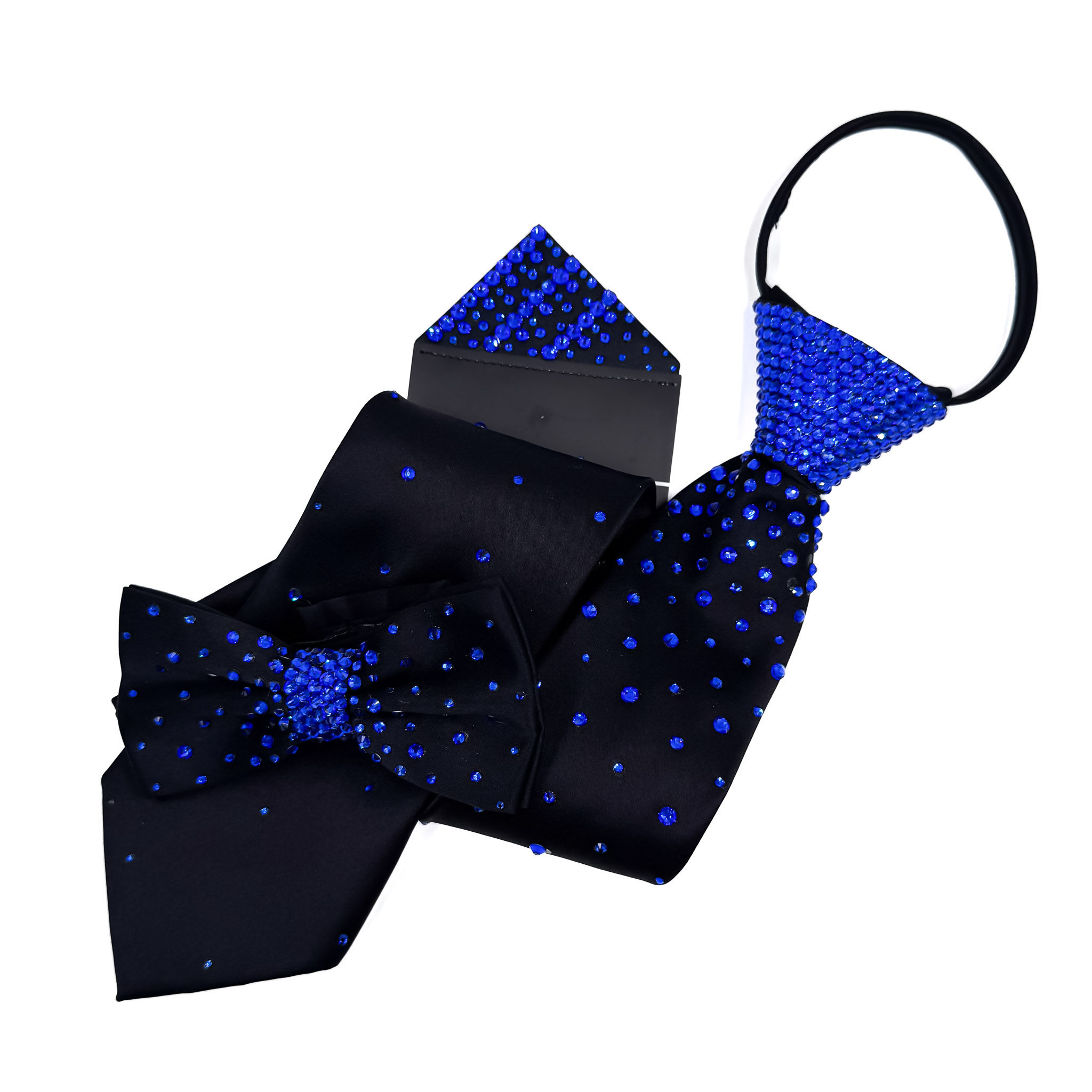 Black Tie, Bow Tie & Pocket Square with Sapphire Blue Rhinestones