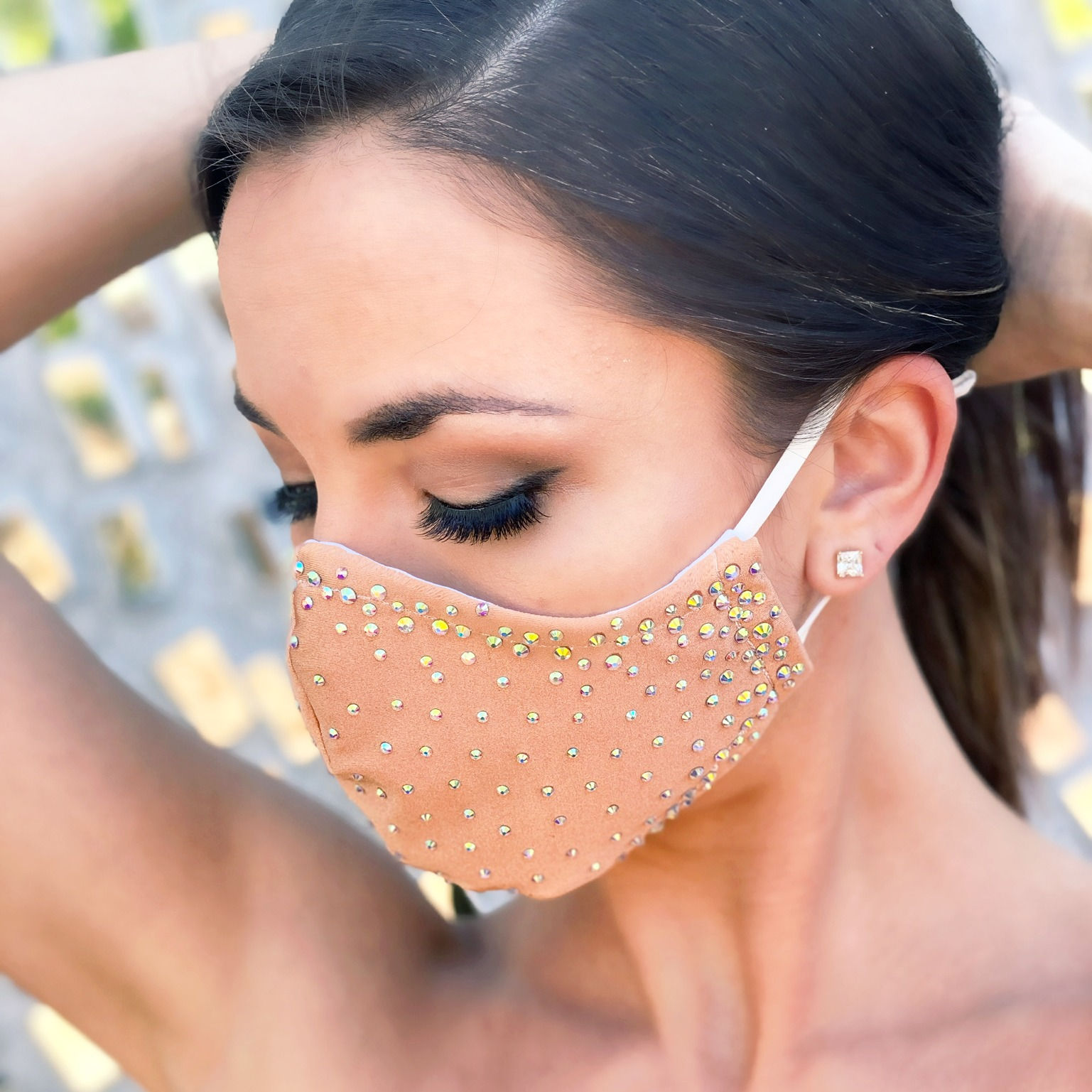 Beige Face Mask with AB Rhinestones 