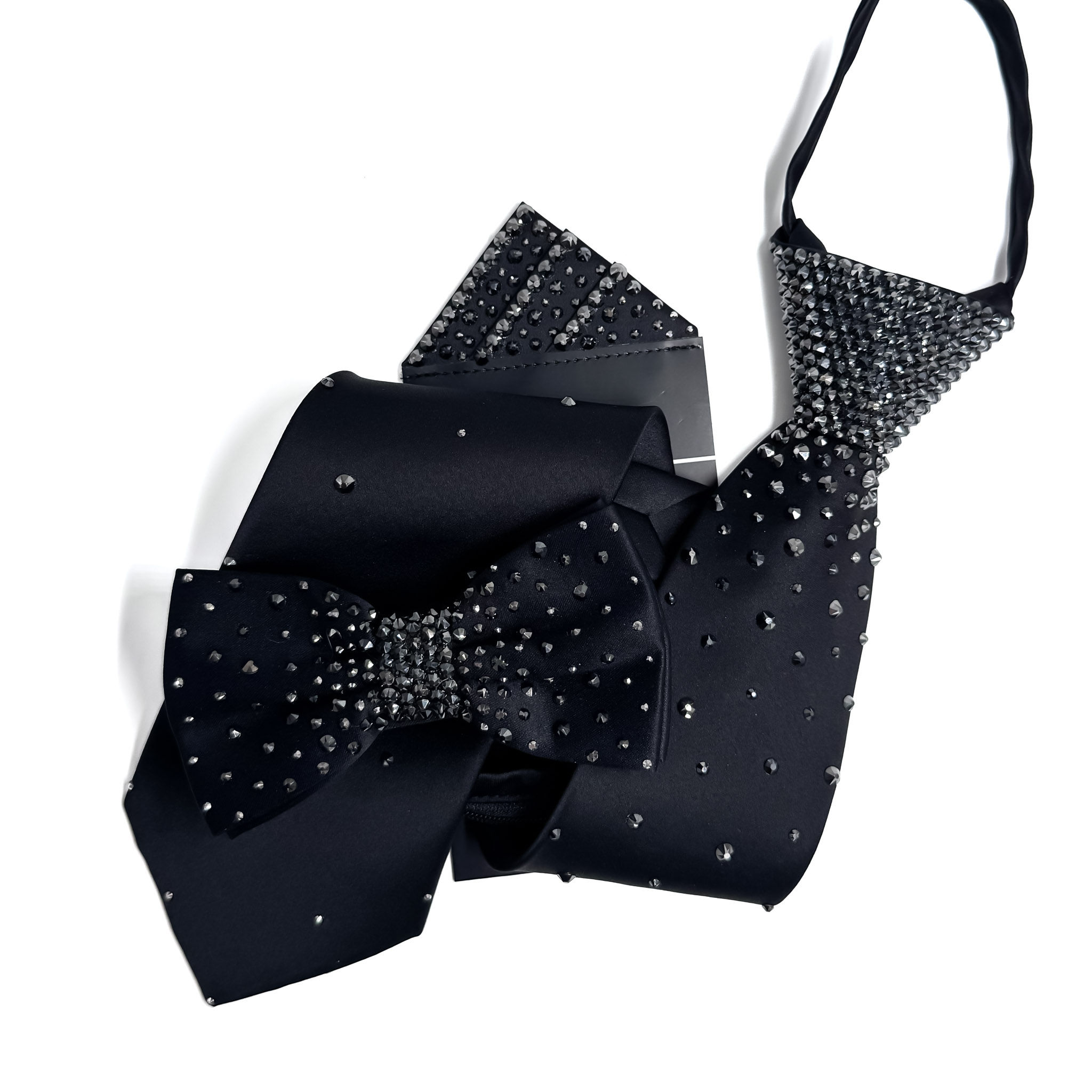 Black Tie, Bow Tie & Pocket Square with Jet Hematite Rhinestones