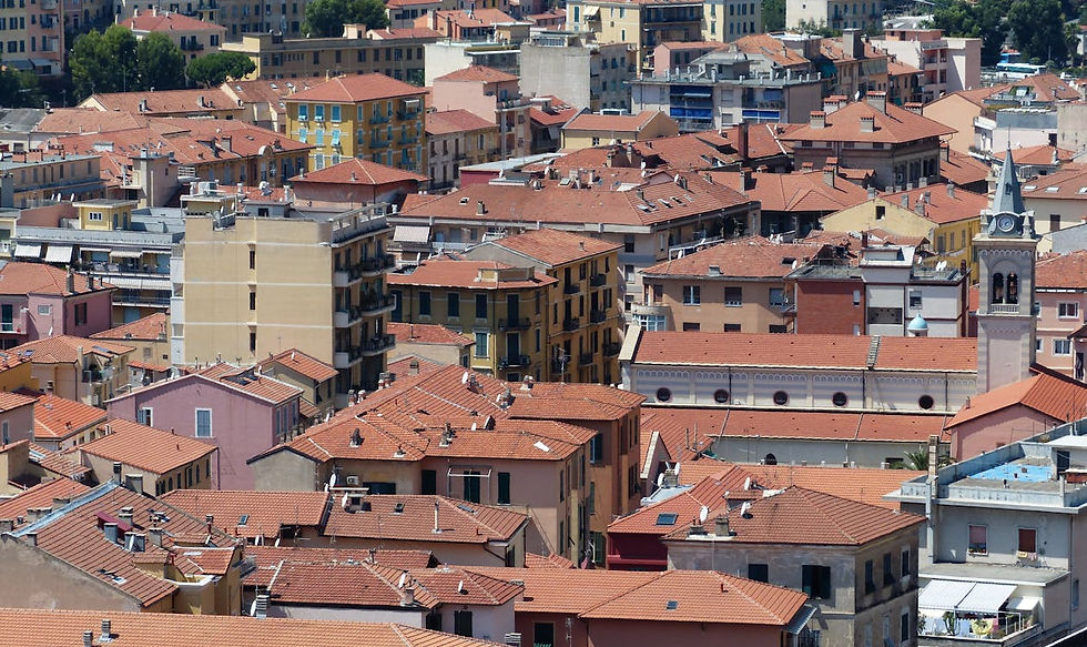 Luftaufnahme einer Siedlung mit Dächern