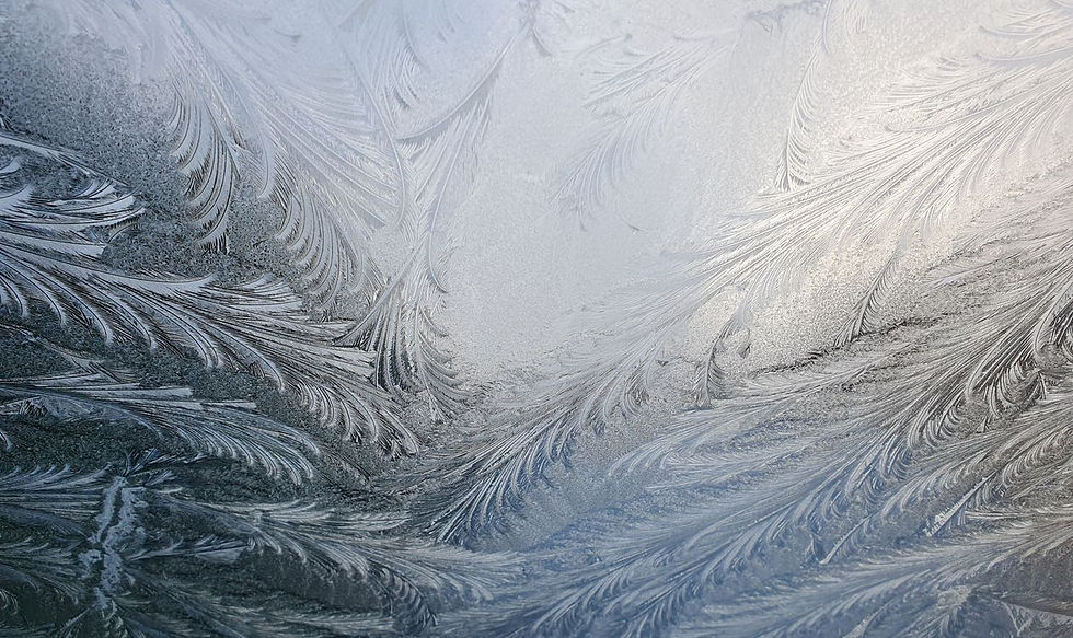 Frostmuster an einer Fensterscheibe im Winter