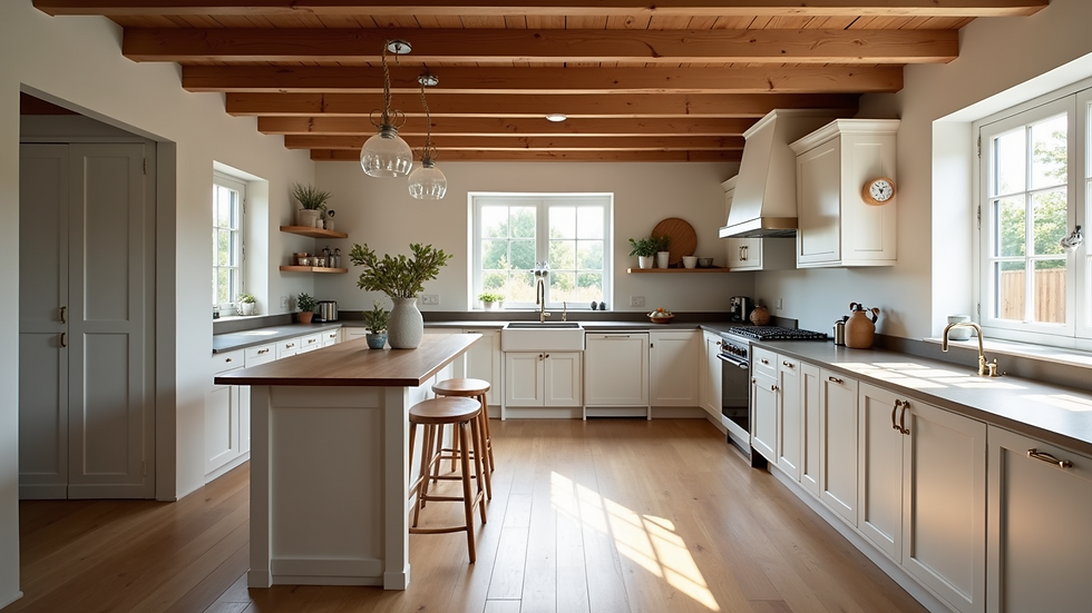 Wide angle view of a cozy farmhouse kitchen with wooden beams and white cabinets
