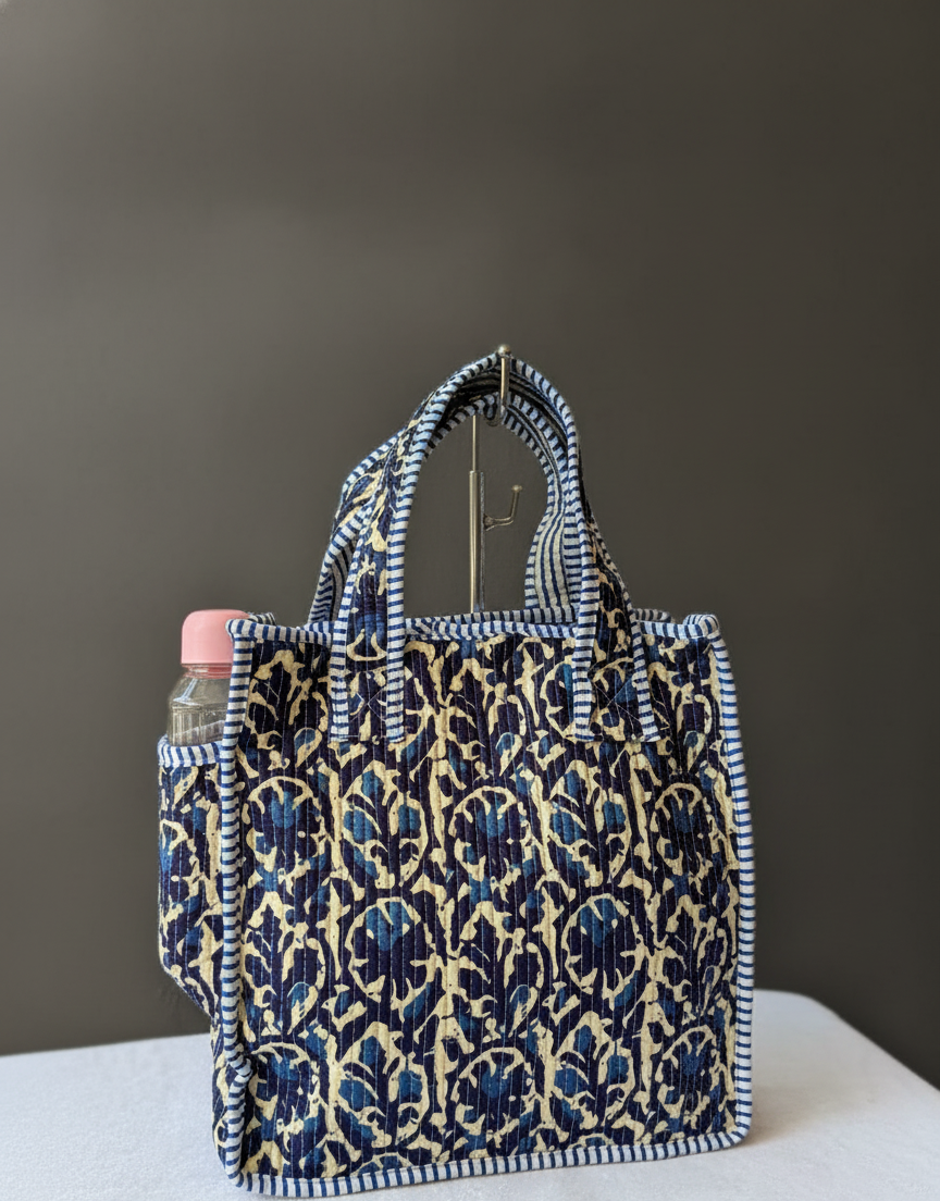 Thumbnail: Indigo Whim Handcrafted Cotton Printed Quilted Tote Bag