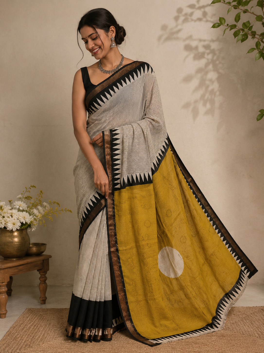 Noir Mustard Maheshwari Hand Block Printed Silk Saree