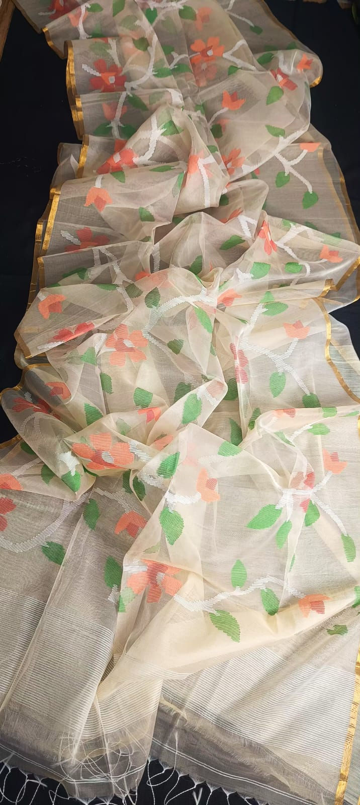 Moonlit Veil Serenade Pure Handwoven Resham Muslin Needle Jamdani Saree
