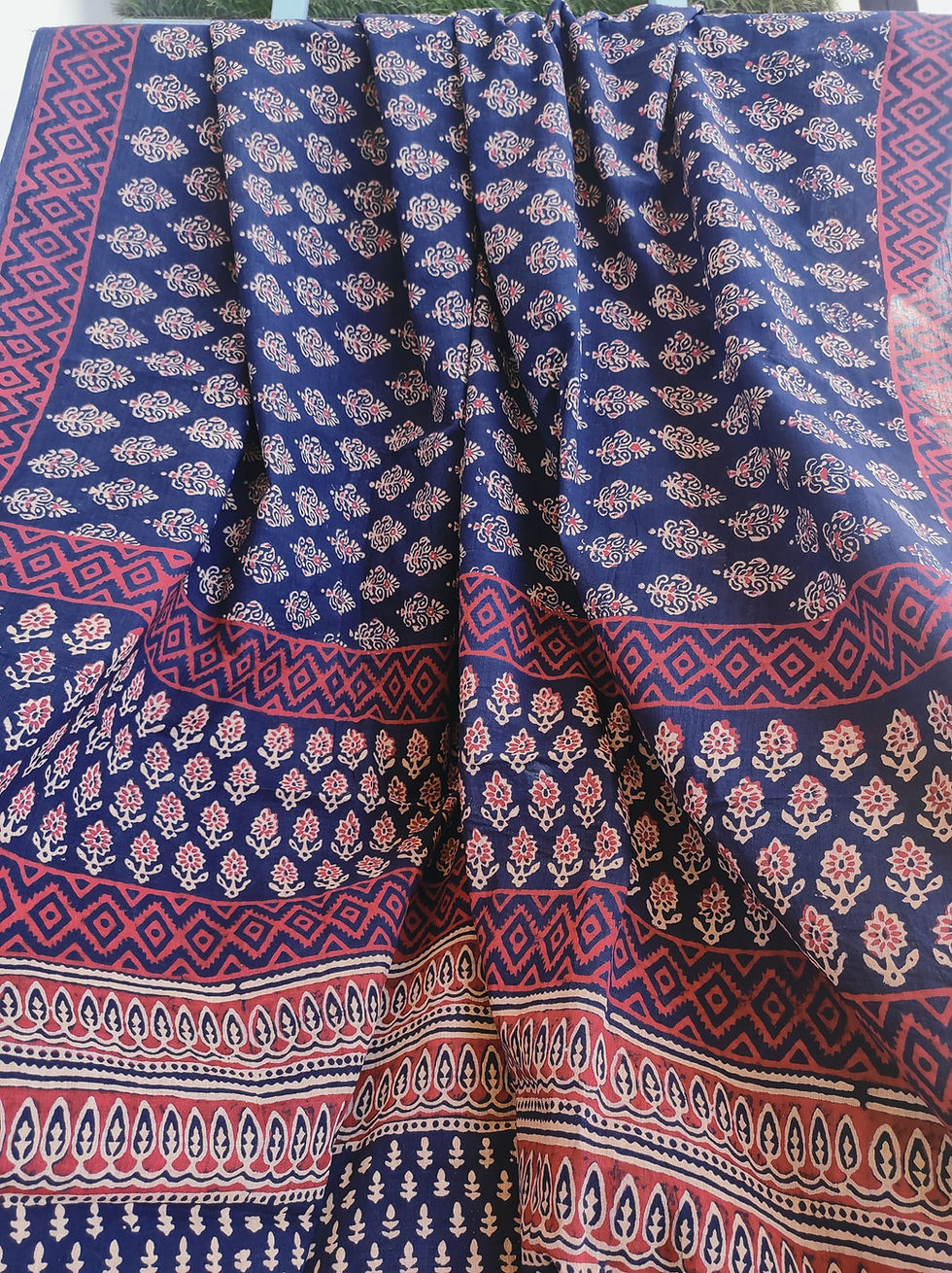 Thumbnail: Kalavathi Ajrakh Hand Block Printed Cotton Saree-03