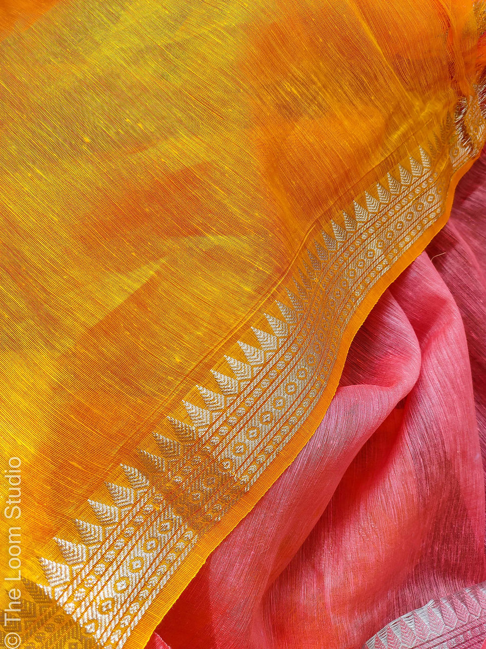Thumbnail: Bird Tales Handwoven Embroidered Linen Silk Saree with Kanchipuram border