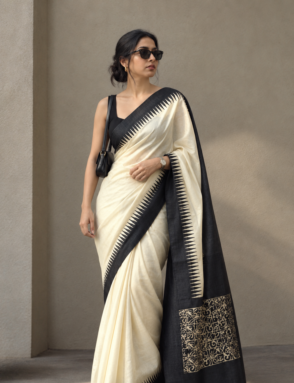 Monochrome Pure Bishnupuri Hand Block Print Silk Saree