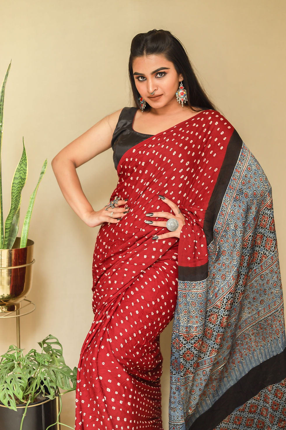 Thumbnail: Sakhi Handcrafted Bandhej Ajrakh Modal Silk Saree