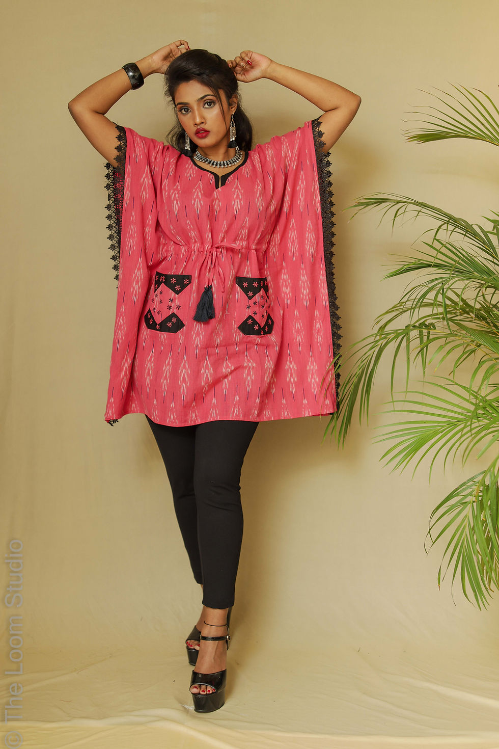 Thumbnail: Coral Crush Hand Embroidered Ikat Kaftan with lace border