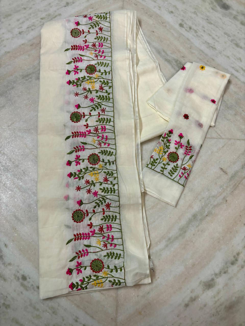 Thumbnail: Moonlit Grace Mul Cotton Embroidered Saree