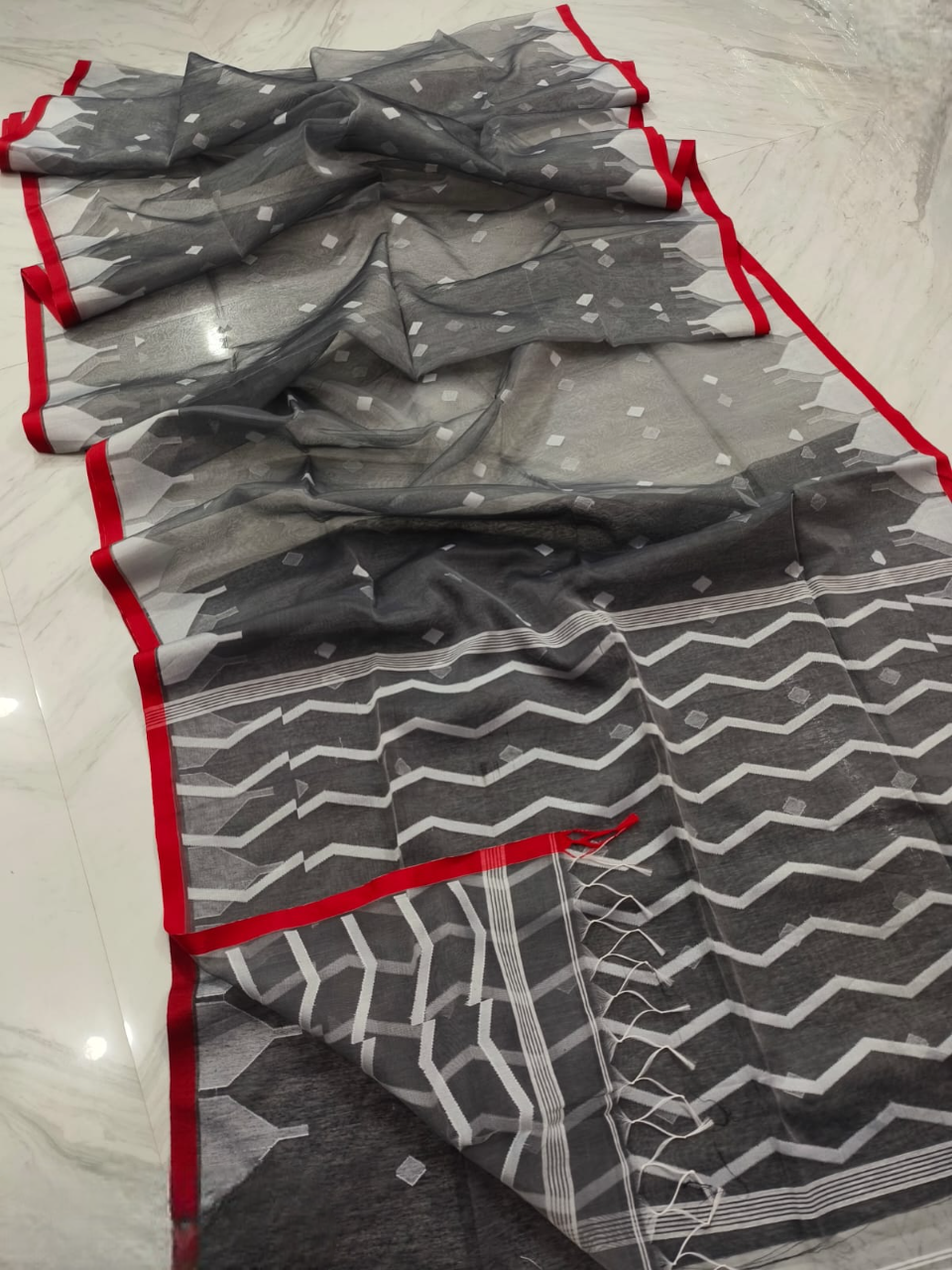 Thumbnail: Slate Serenity Resham Muslin Jamdani Saree