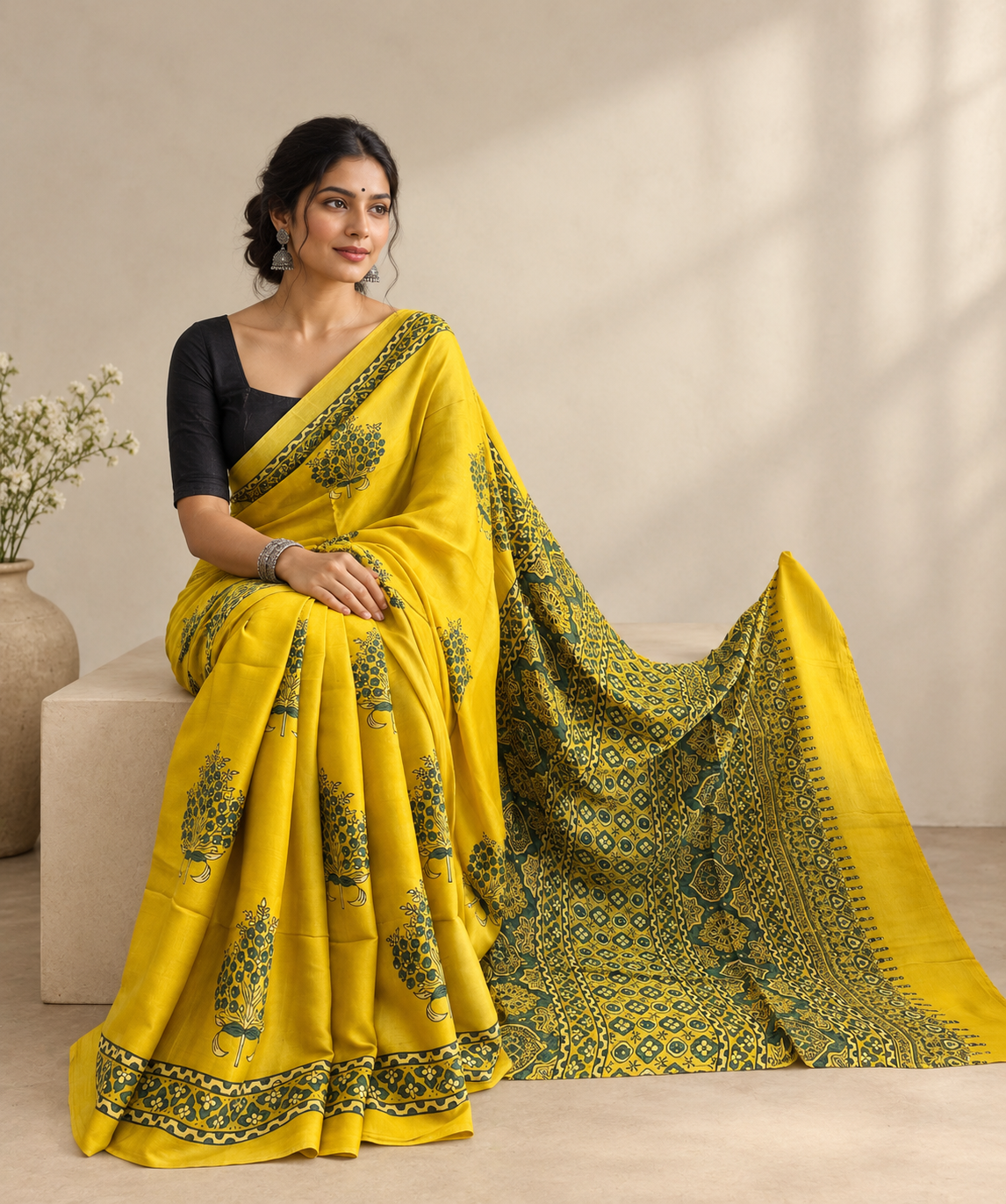 Marigold Essence Handcrafted Ajrakh Modal Silk Saree