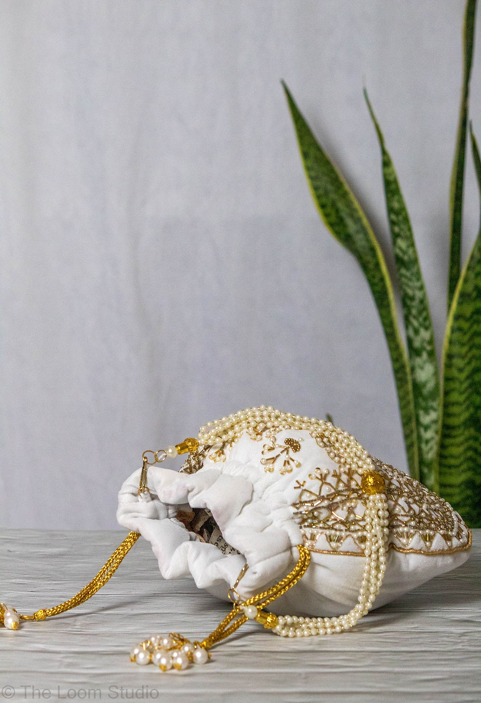 Thumbnail: 'Regalia' White Handcrafted Embellished Velvet Potli