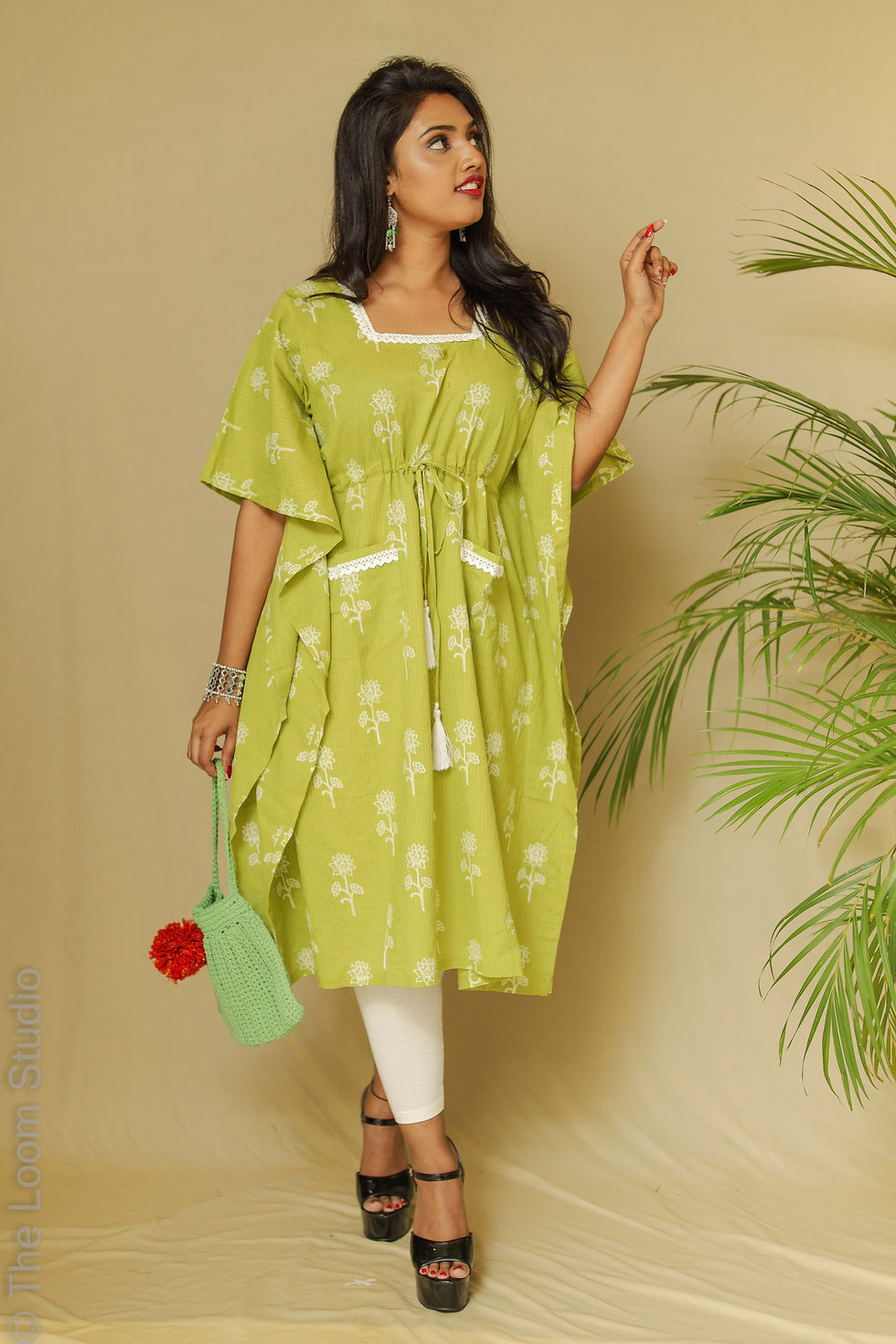 Thumbnail: Mossy Marvel Kaftan with lace border