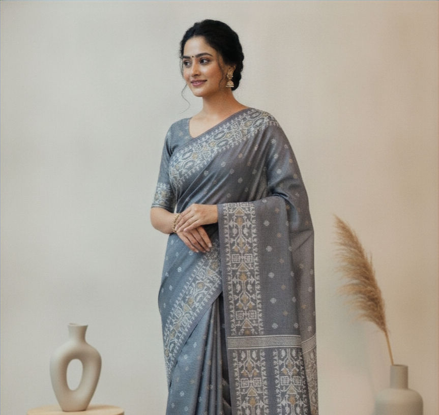 Thumbnail: Ashen Legacy Pure Handwoven Gachhi Tussar Silk Jamdani Saree