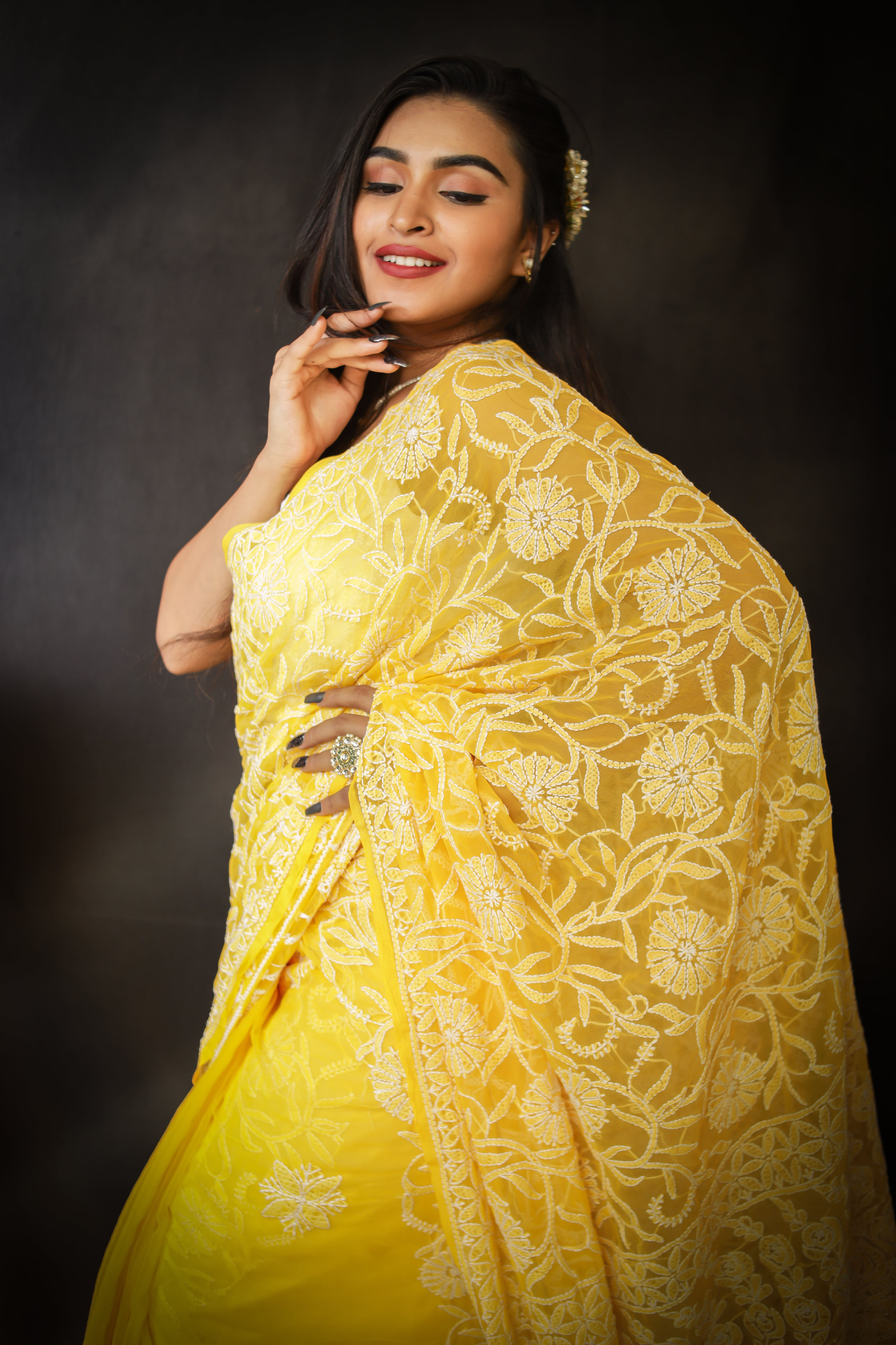 'Swarna' Hand Embroidered Georgette Chikankari Saree