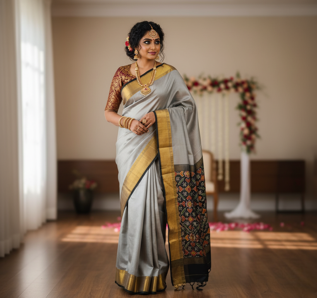 Midnight Mist Handloom Double Ikat Pure Dupion Silk Saree