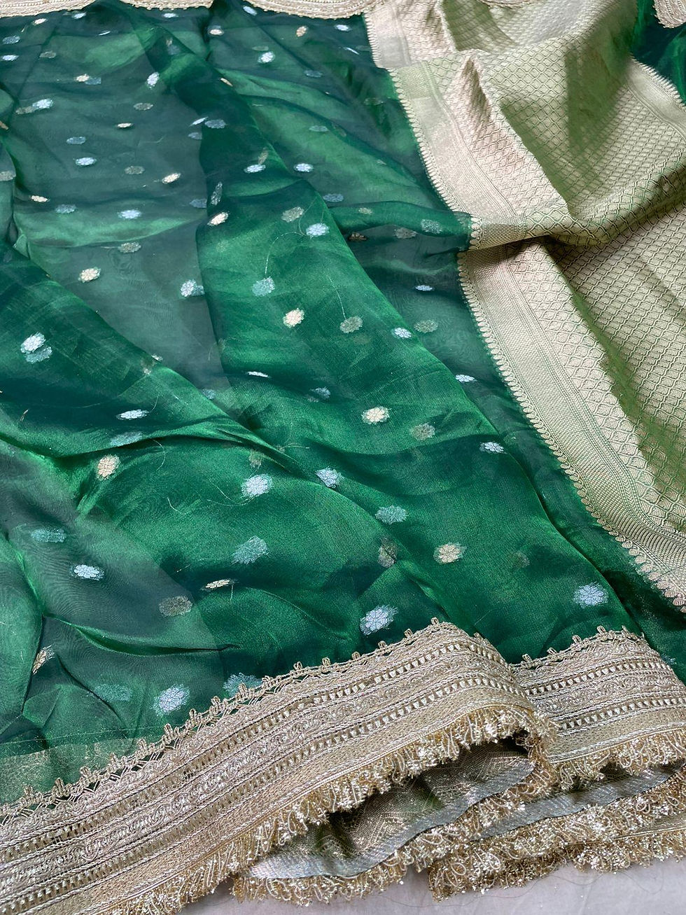 Thumbnail: Sage Serenity Banarasi Tissue Silk Saree with Gota Patti Lace Work