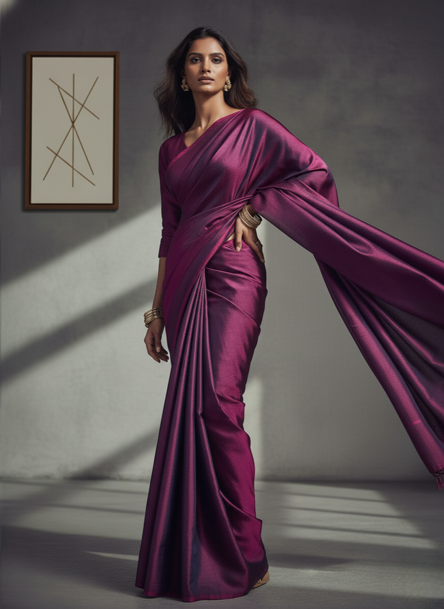 Aubergine Dual Tone Handwoven Pure Bishnupuri Katan Silk Saree