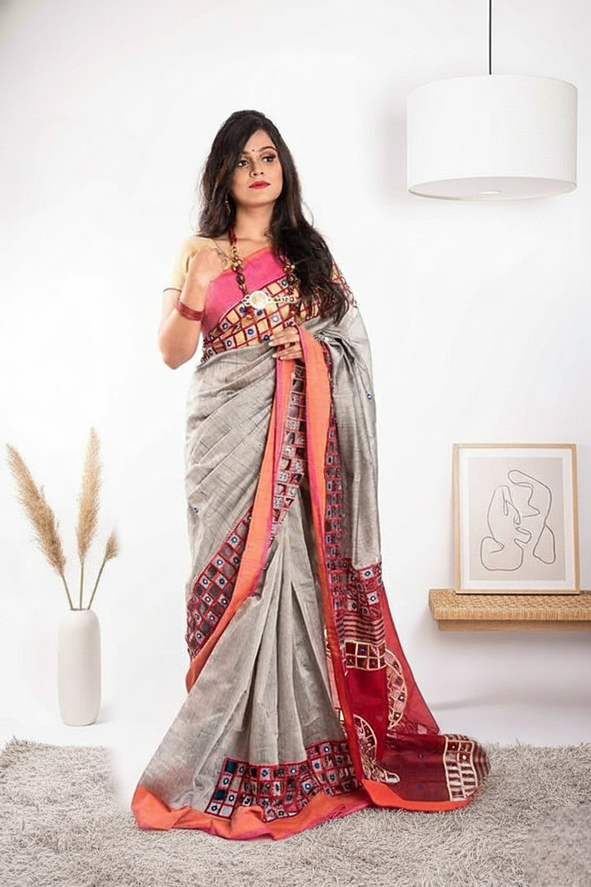 Thumbnail: 'Ashley' Handloom Cotton Silk Cutwork Saree