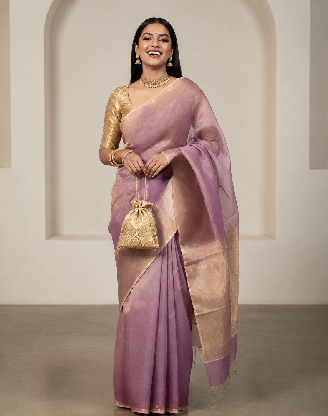 Plum Classic Pure Handloom Maheshwari Tissue Silk Saree