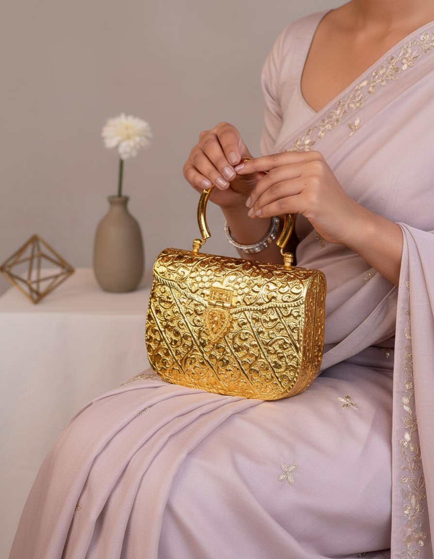 Auric Aura Handcrafted Antique German Gold Plated Metal Clutch Bag