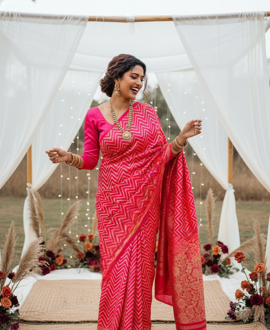 Khushboo Handcrafted Ajrakh Nakshi Zari Pallu Modal Silk Saree