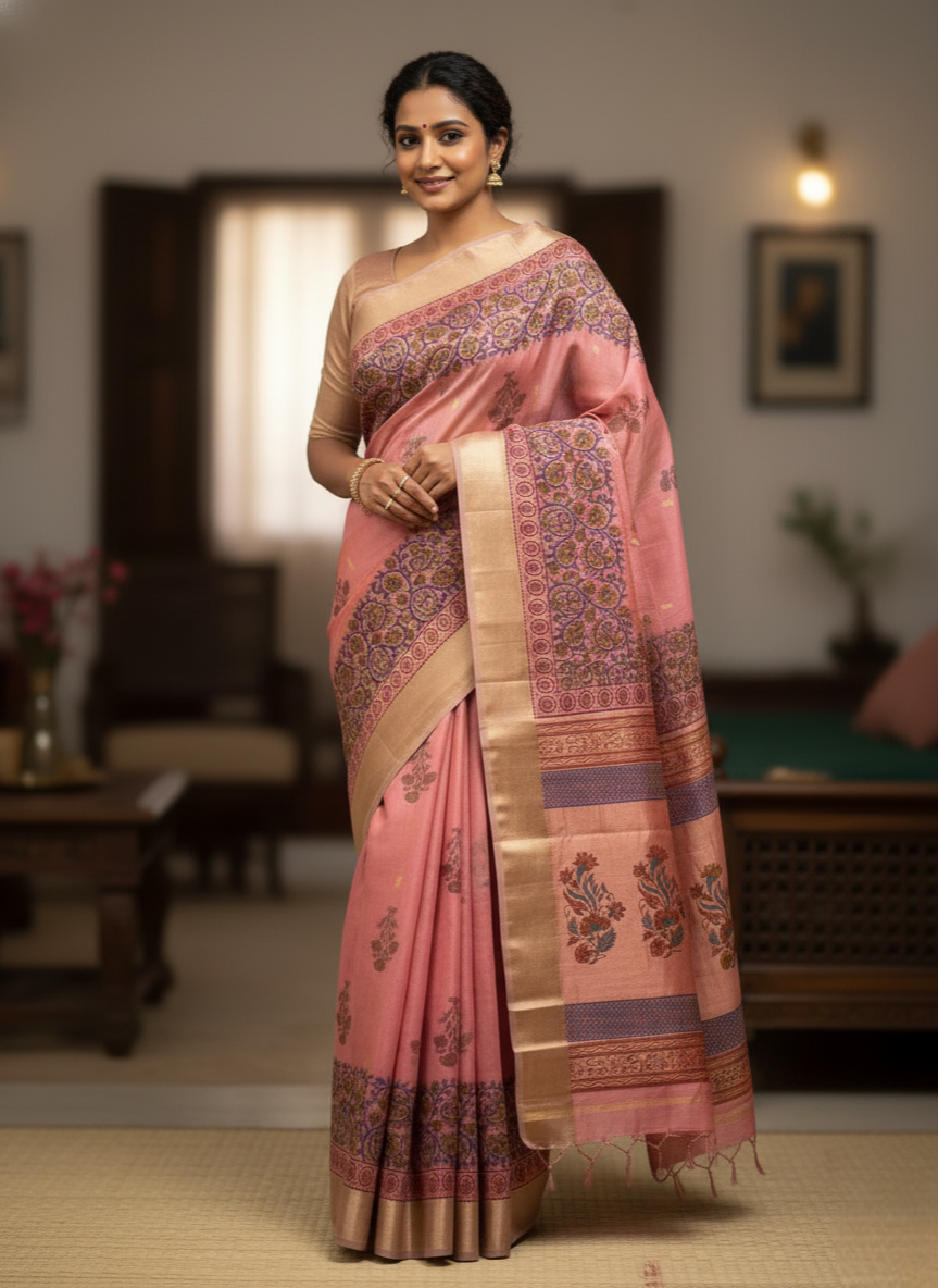 Thumbnail: Roselle Radiance Pure Handloom Maheshwari Hand Block Printed Silk Saree