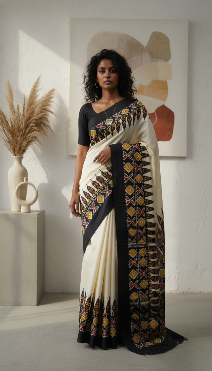 Chalk Talk Pure Murshidabad Hand Block Print Silk Saree