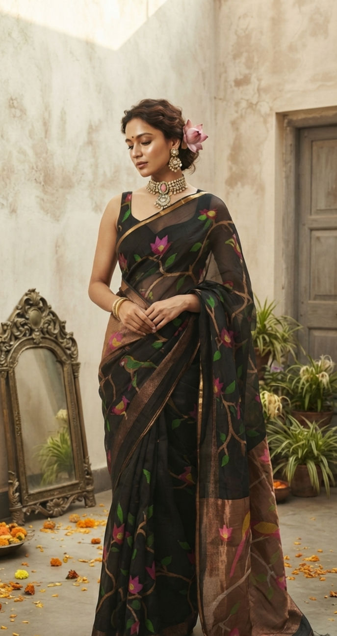 Black Pearl Pure Handwoven Resham Muslin Needle Jamdani Saree