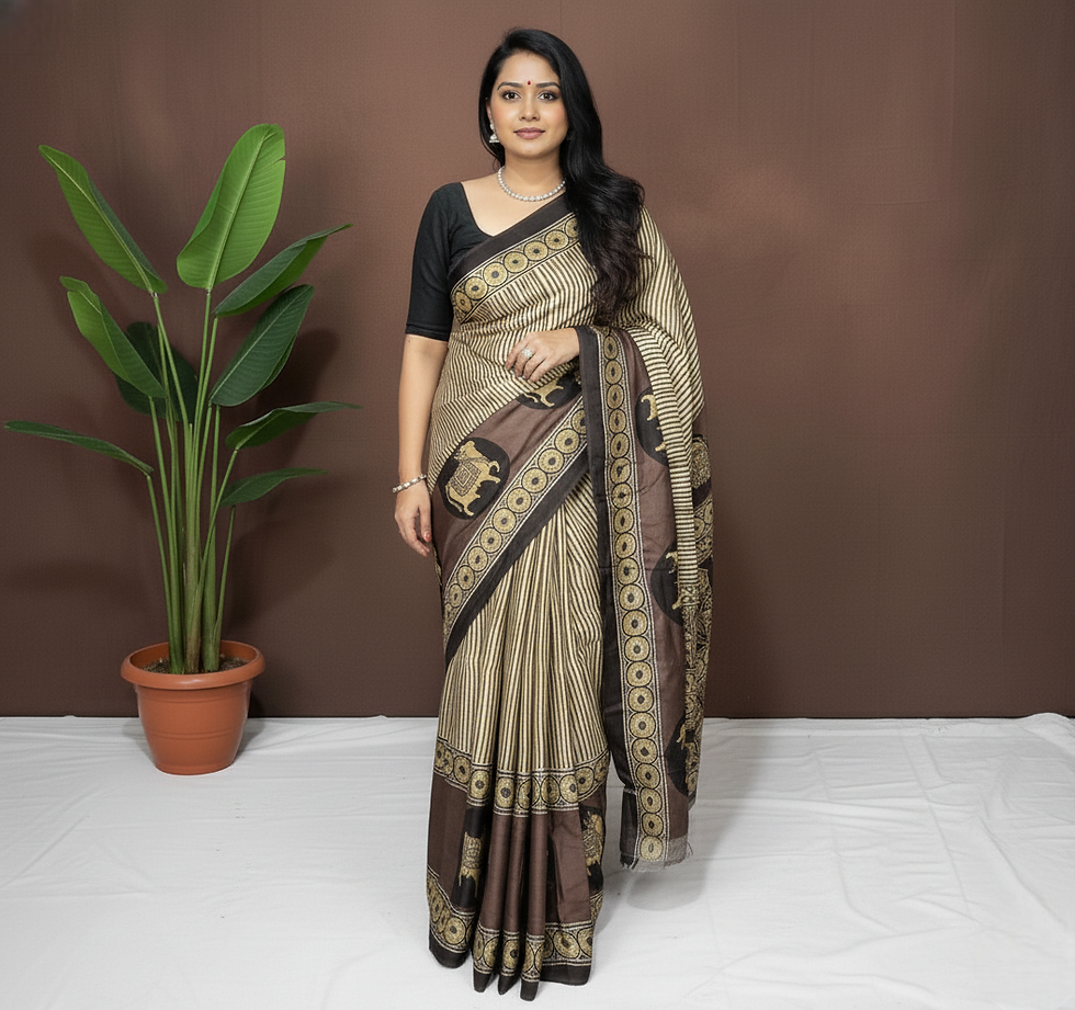 Thumbnail: Mocha Lines Handcrafted Ajrakh Modal Silk Saree