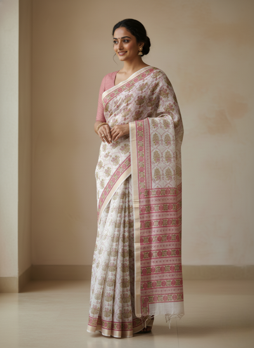 Thumbnail: Vintage Peace Pure Handloom Maheshwari Hand Block Printed Silk Saree