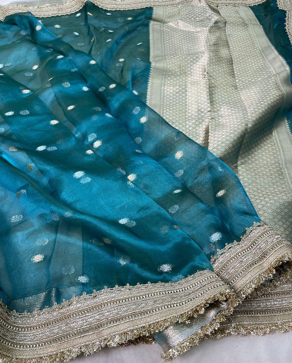 Thumbnail: Sapphire Aura Banarasi Tissue Silk Saree with Gota Patti Lace Work