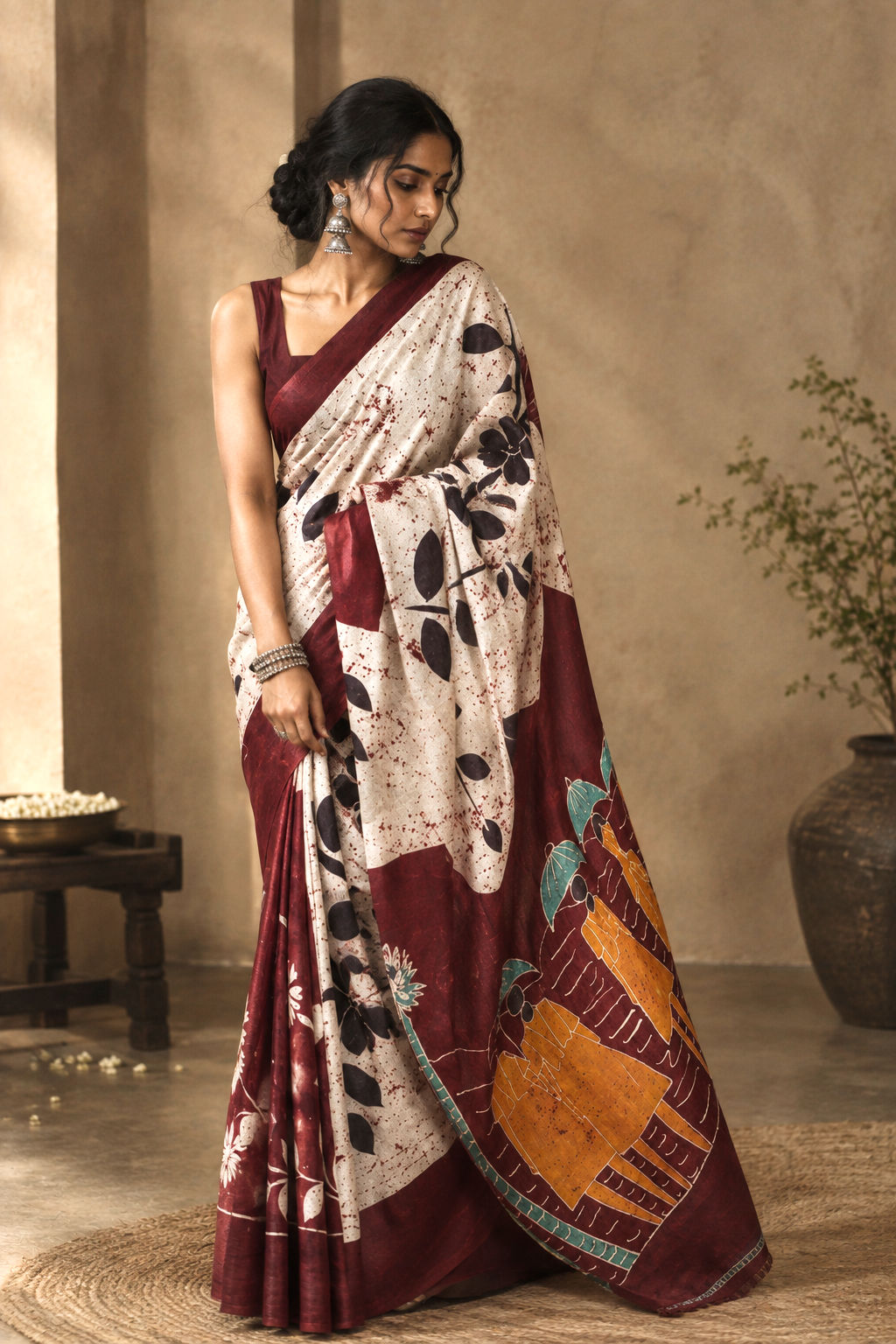 Kalka Vine Pure Murshidabad Hand Batik Print Silk Saree