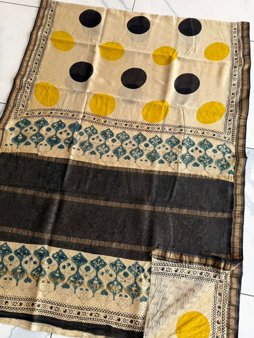 Thumbnail: Polka Belle Maheshwari Hand Block Printed Silk Saree