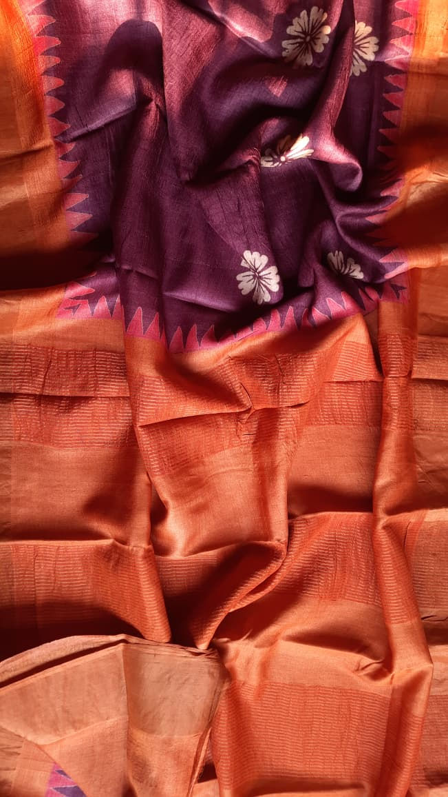 Thumbnail: Plum Serenity Pure Hand Block Printed Tussar Silk Saree