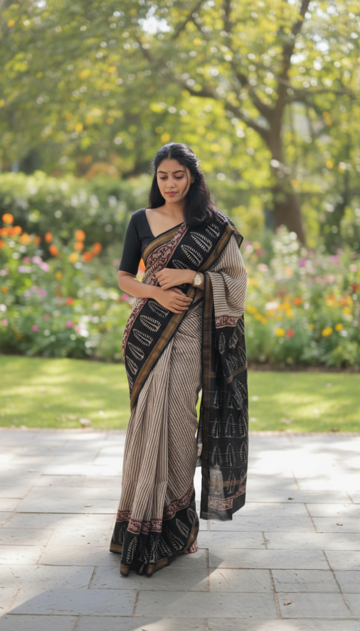 Thumbnail: Graceful Hush Maheshwari Hand Block Printed Silk Saree