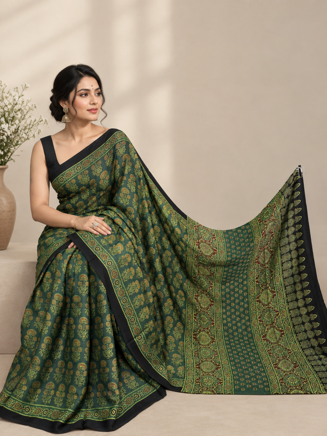 Mehendi Glam Handcrafted Ajrakh Modal Silk Saree