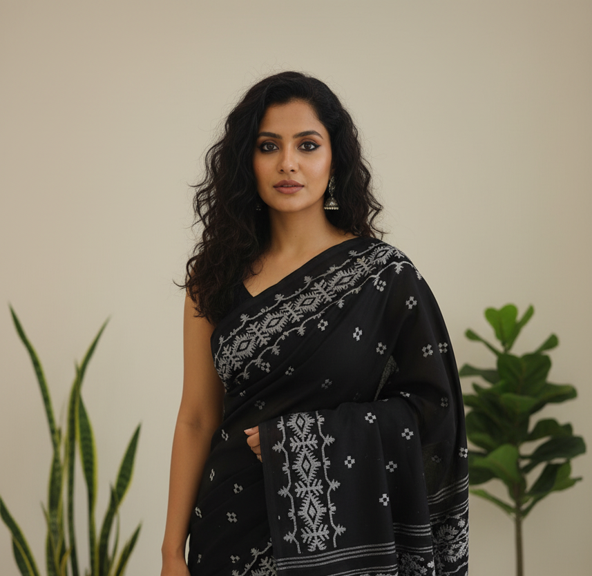 Kohl Sass Handloom Cotton Jamdani Saree