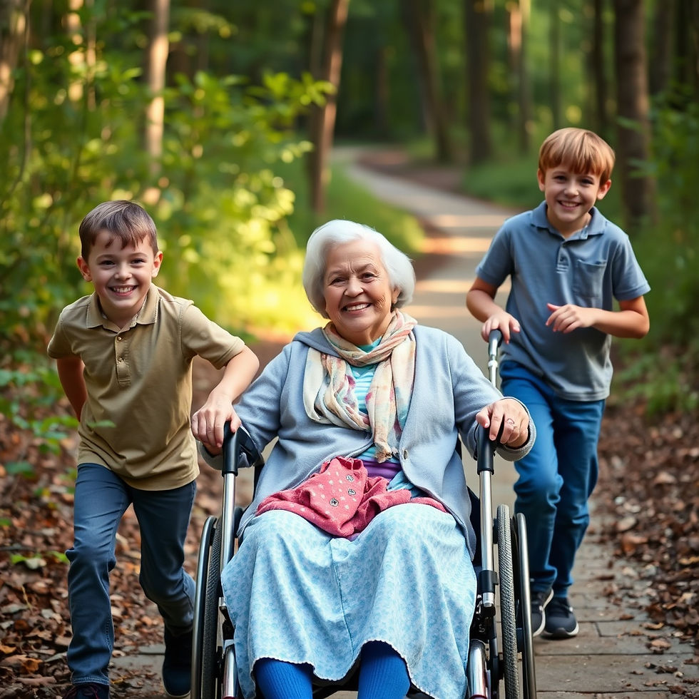 2 happy kids pushing a happy elderly lady in wheelchair on path in the woods.jpg