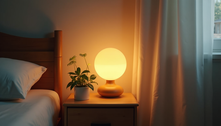 Close-up of a bedside table with a softly glowing lamp and a small plant