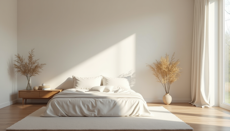 Eye-level view of a serene bedroom corner with soft natural light and minimalist decor