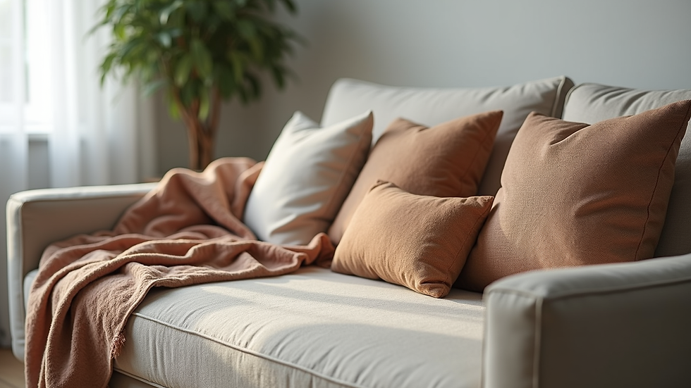 Close-up view of a loveseat with decorative pillows and a throw blanket