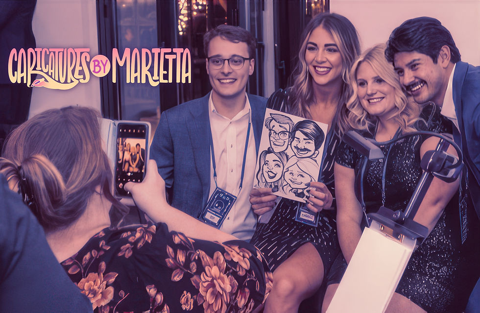 A Caricatures by Marietta caricature artist taking a photo of four people with their caricature at a