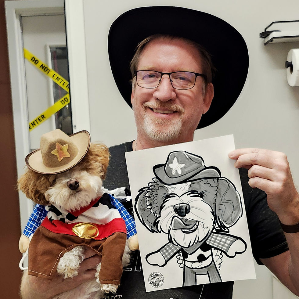 A man holds up both a Shih Tzu in a cowboy costume and a caricature of the same dog in the costume c