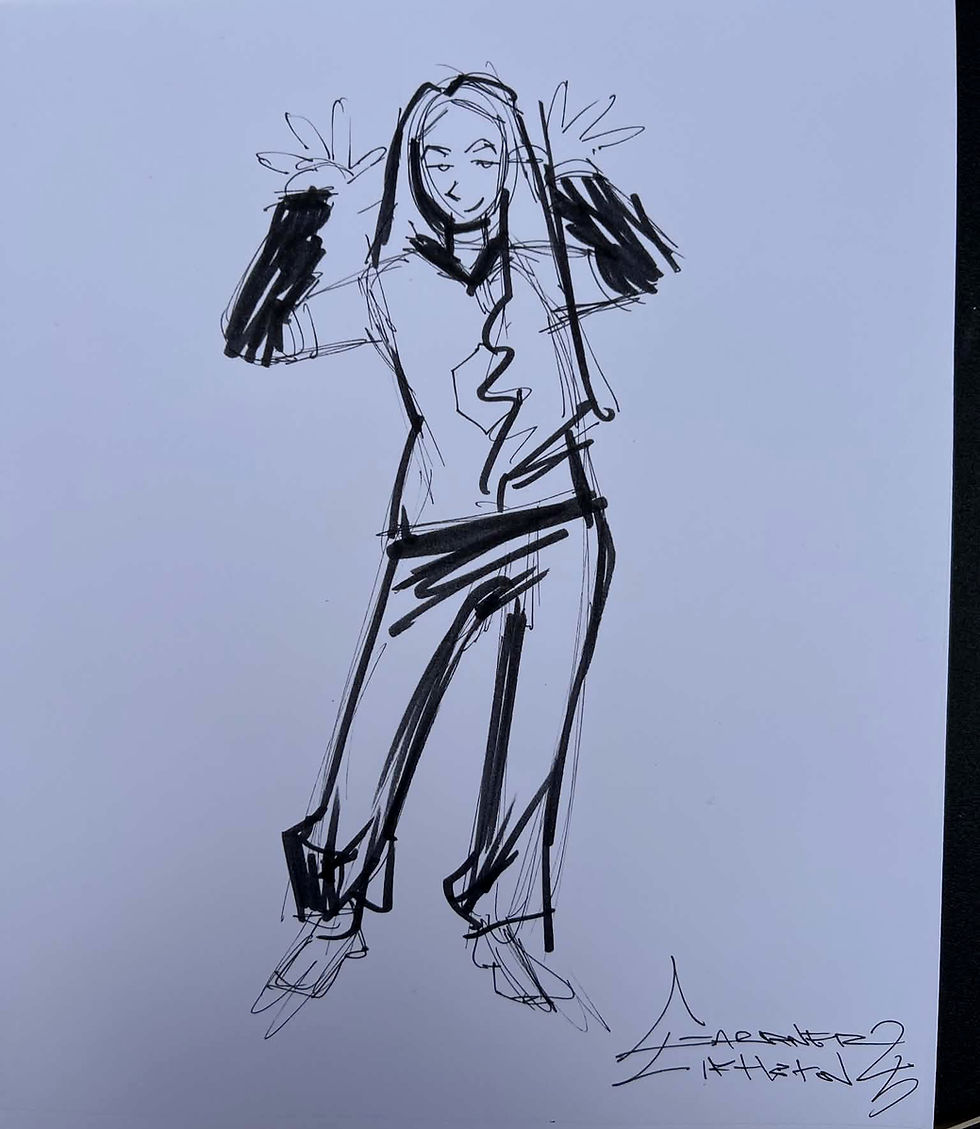 A woman posing in a silly way for a live fashion sketch from Caricatures by Marietta in Kansas City.